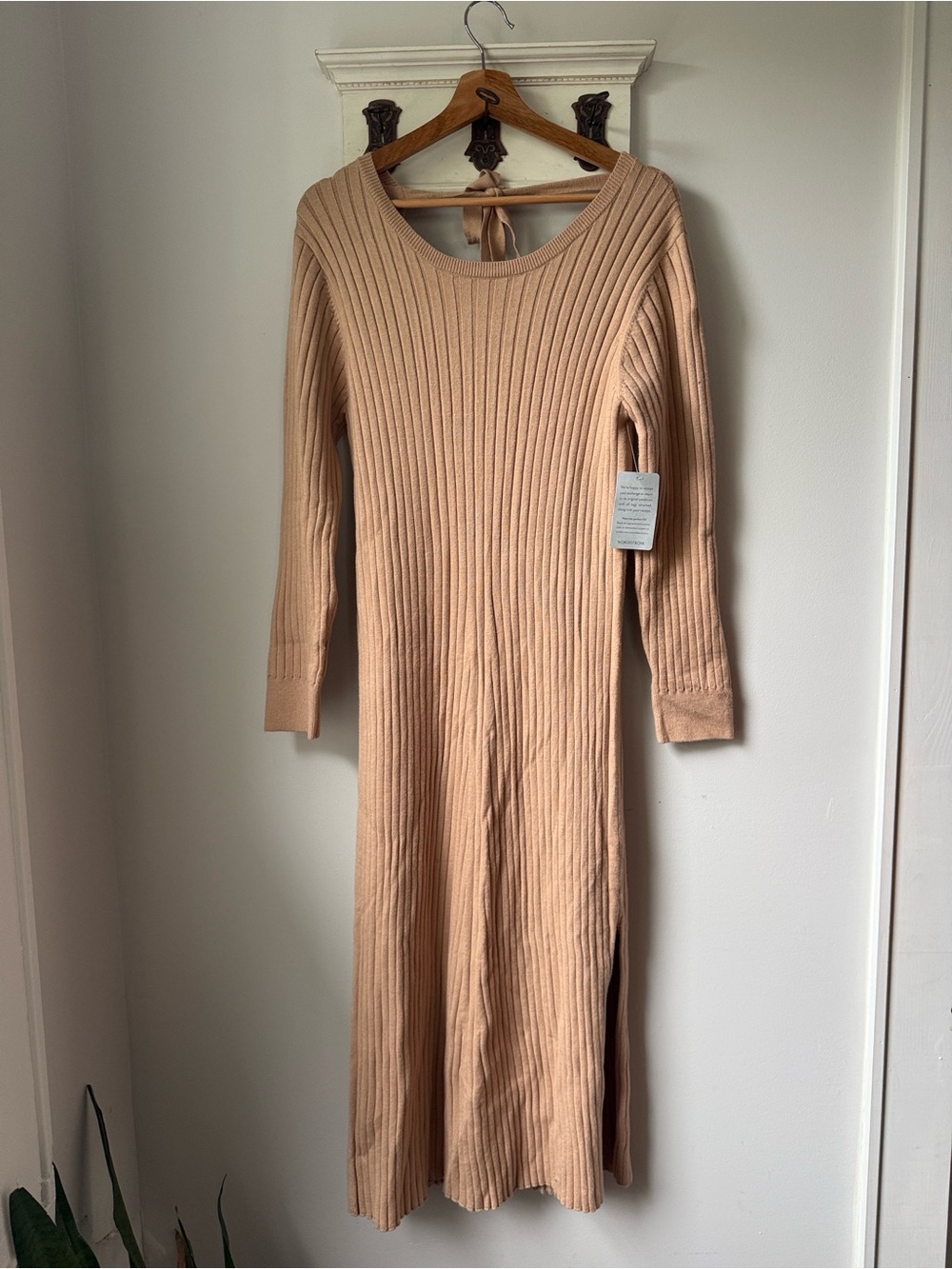 Wayf Ribbed Long Sleeve Midi Dress in Camel Beige Sweater Classic with Slit